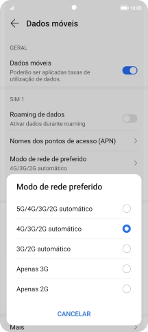 Prima o tipo de rede pretendido.