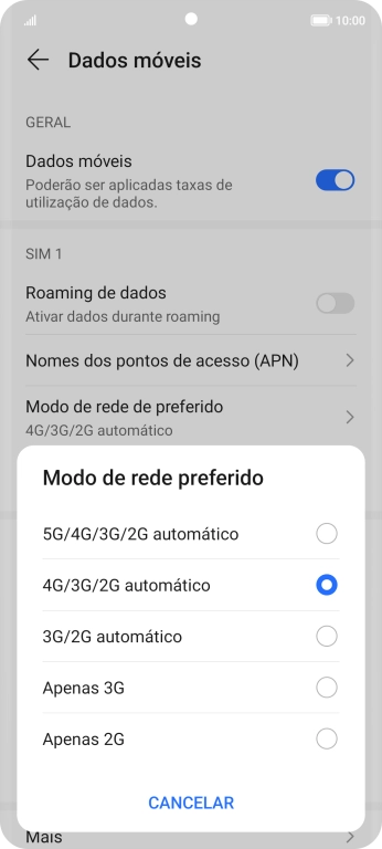 Prima o tipo de rede pretendido.