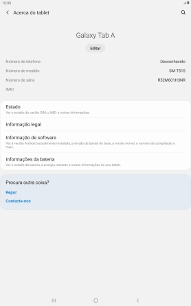 O código IMEI é mostrado no ecrã.