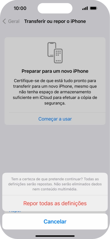 Prima Repor todas as definições. Aguarde um momento enquanto o telefone restabelece as definições originais. Siga as indicações no ecrã para configurar o telefone de modo que este fique pronto a ser utilizado.