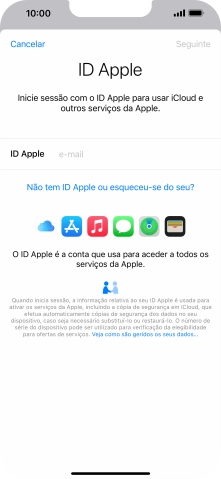 Se não tiver um ID Apple, prima Não tem ID Apple ou esqueceu-se do seu? e siga as indicações no ecrã para criar um ID Apple.