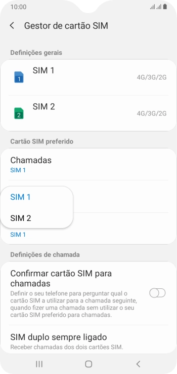 Prima o cartão SIM pretendido.