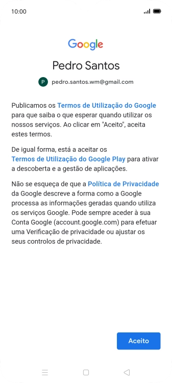 Prima Aceito e siga as indicações no ecrã para escolher as definições da conta Google.