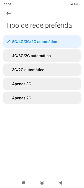 Prima o tipo de rede pretendido.