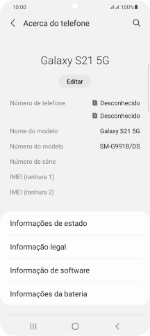 O código IMEI é mostrado no ecrã.