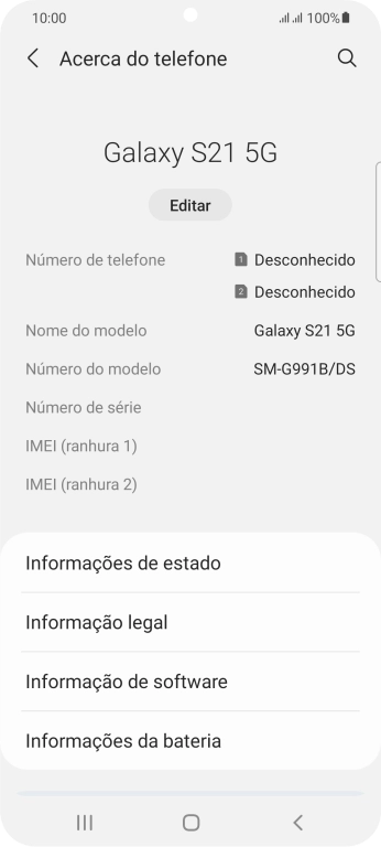 O código IMEI é mostrado no ecrã.
