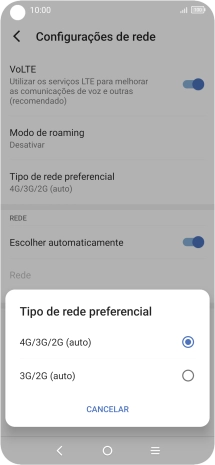Prima o tipo de rede pretendido.