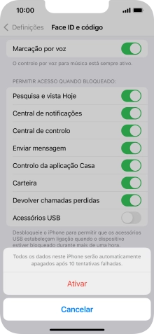 Se ativar a função, prima Ativar.