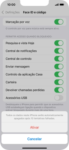 Se ativar a função, prima Ativar.
