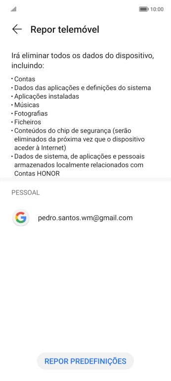 Prima REPOR PREDEFINIÇÕES.