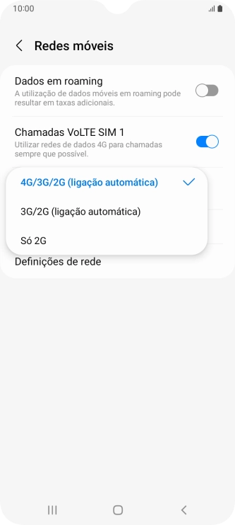 Prima o tipo de rede pretendido.
