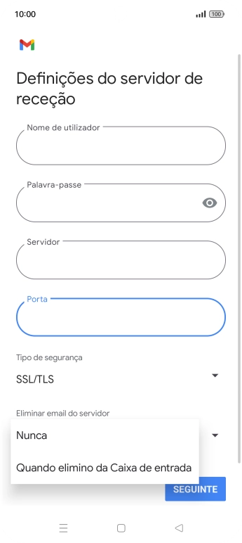 Prima Nunca para manter os e-mails no servidor quando estes são apagados no telefone.