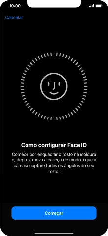 Prima Começar e siga as indicações no ecrã para estabelecer um código de reconhecimento facial (Face ID).