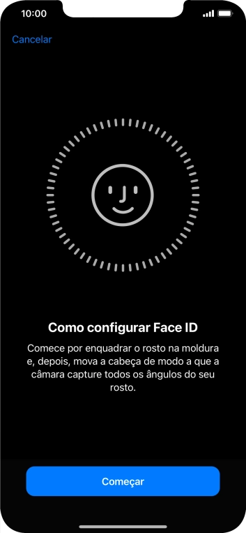 Prima Começar e siga as indicações no ecrã para estabelecer um código de reconhecimento facial (Face ID).