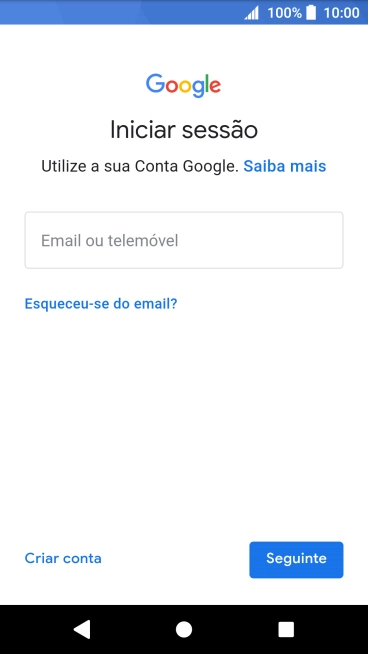Se não tiver uma conta Google, prima Criar conta e siga as indicações no ecrã para criar uma conta.