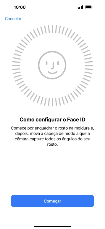 Prima Começar e siga as indicações no ecrã para estabelecer um código de reconhecimento facial (Face ID).