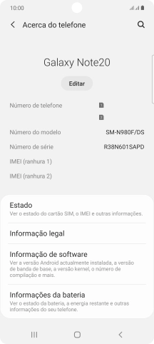 O código IMEI é mostrado no ecrã.