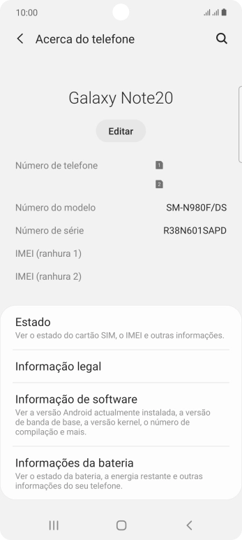 O código IMEI é mostrado no ecrã.
