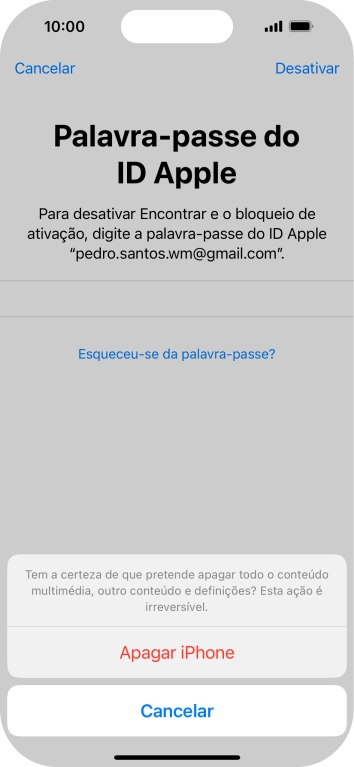 Introduza a password do ID Apple e prima Apagar iPhone. Aguarde um momento enquanto o telefone restabelece as definições originais. Siga as indicações no ecrã para configurar o telefone de modo que este fique pronto a ser utilizado.