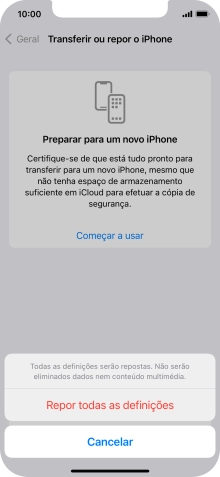 Prima Repor todas as definições. Aguarde um momento enquanto o telefone restabelece as definições originais. Siga as indicações no ecrã para configurar o telefone de modo que este fique pronto a ser utilizado.