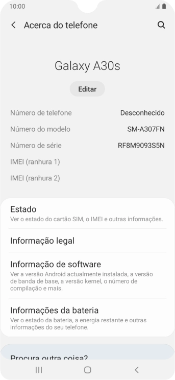O código IMEI é mostrado no ecrã.