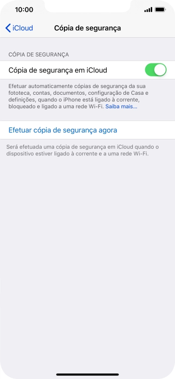 Prima Efetuar cópia de segurança agora e aguarde enquanto é efetuada a cópia de segurança do conteúdo da memória do telefone.