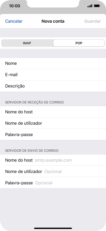 Prima Nome do host e introduza o nome do servidor de envio do fornecedor de e-mail.
