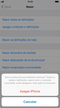 Prima Apagar iPhone. Aguarde um momento enquanto o telefone restabelece as definições originais. Siga as indicações no ecrã para configurar o telefone de modo que este fique pronto a ser utilizado.