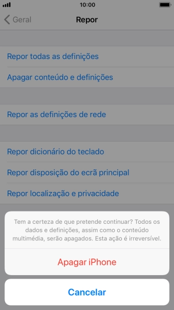 Prima Apagar iPhone. Aguarde um momento enquanto o telefone restabelece as definições originais. Siga as indicações no ecrã para configurar o telefone de modo que este fique pronto a ser utilizado.