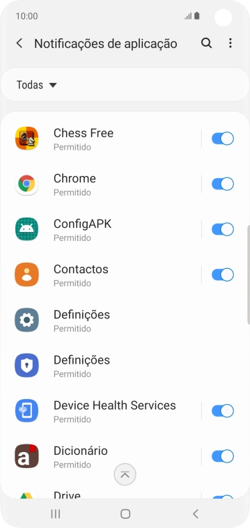 Prima o indicador junto à app pretendida para ativar ou desativar a função.