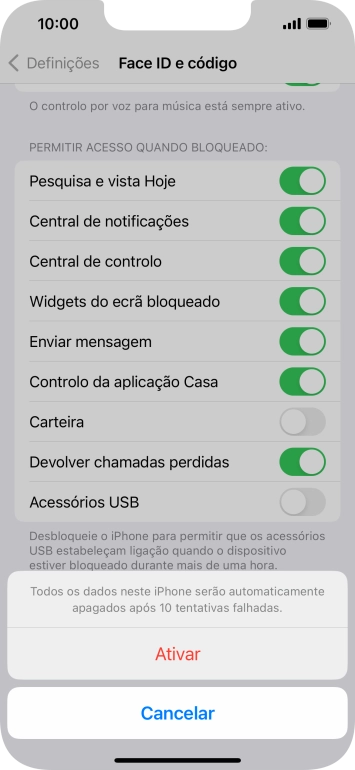 Se ativar a função, prima Ativar.