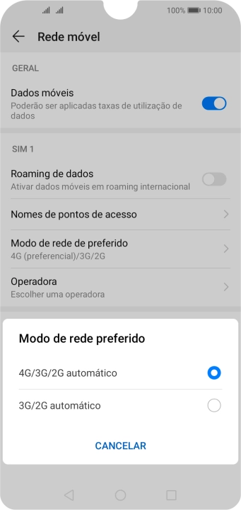 Prima o tipo de rede pretendido.