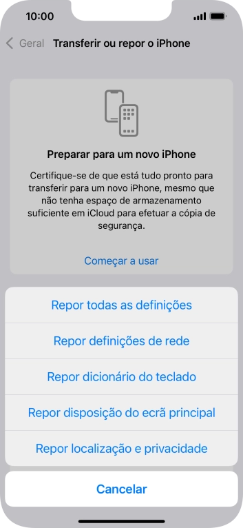 Prima Repor todas as definições.