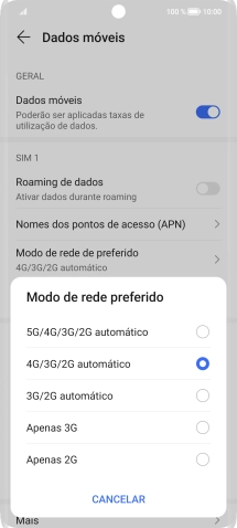 Prima o tipo de rede pretendido.
