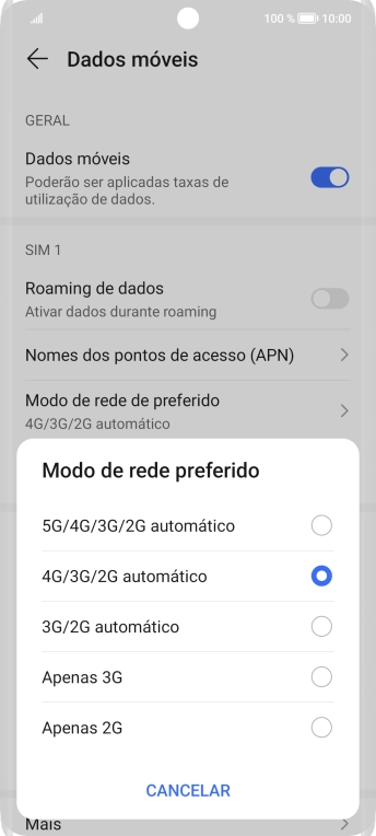 Prima o tipo de rede pretendido.
