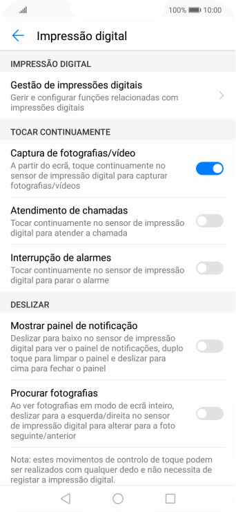 Prima Gestão de impressões digitais e siga as indicações no ecrã para estabelecer um código de bloqueio adicional.