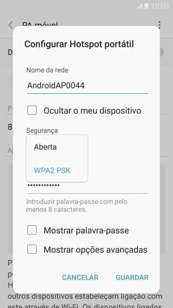 Prima WPA2 PSK para proteger o hotspot Wi-Fi com uma password.