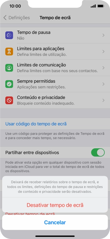 Prima Desativar tempo de ecrã.