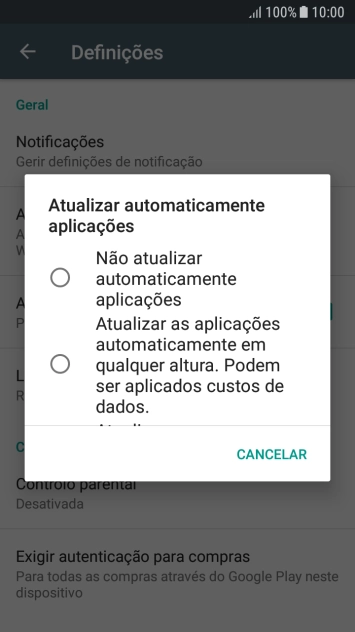 Para desativar a atualização automática de apps, prima Não atualizar automaticamente aplicações.