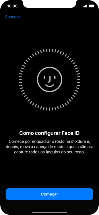 Prima Começar e siga as indicações no ecrã para estabelecer um código de reconhecimento facial (Face ID).