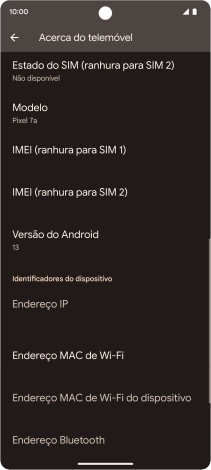 O código IMEI é mostrado no ecrã.
