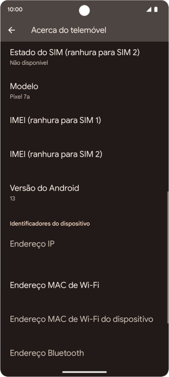O código IMEI é mostrado no ecrã.
