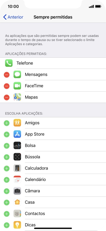 Prima o ícone para adicionar junto da app pretendida para a adicionar à lista de apps permitidas durante o Tempo de pausa.