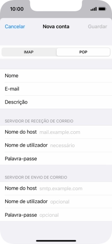 Prima Nome do host e introduza o nome do servidor de receção do fornecedor de e-mail.