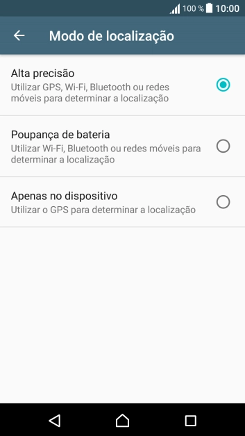 Se escolher Alta precisão, o telefone irá encontrar a sua localização precisa utilizando os satélites GPS, a rede móvel e as redes Wi-Fi  nas proximidades. A navegação por satélite GPS requer vista livre ao céu.