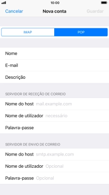 Prima Nome do host e introduza o nome do servidor de receção do fornecedor de e-mail.