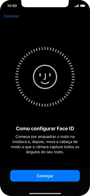 Prima Começar e siga as indicações no ecrã para estabelecer um código de reconhecimento facial (Face ID).