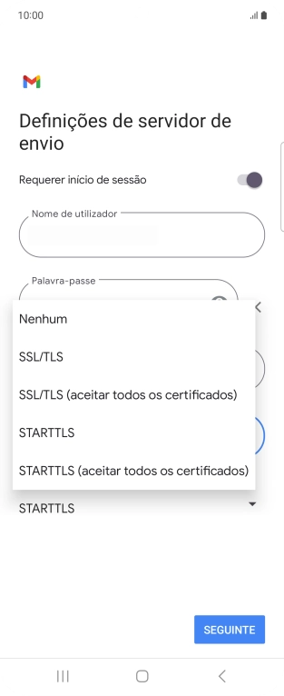 Prima SSL/TLS para ativar a função.