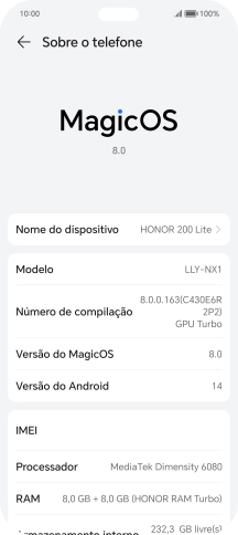 O código IMEI é mostrado no ecrã.