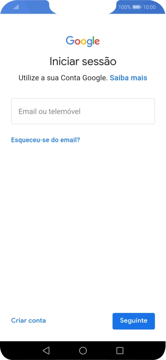 Se não tiver uma conta Google, prima Criar conta e siga as indicações no ecrã para criar uma conta.